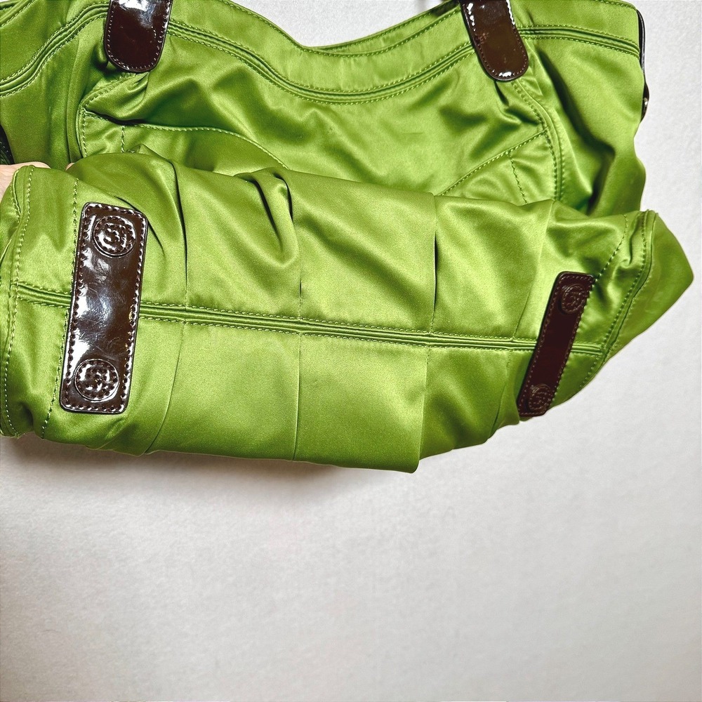Liz Claiborne Lime Green Nylon Shoulder Bag Brown Patent Leather Trim Hobo Tote - Picture 9 of 11